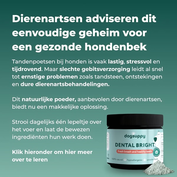 This ad creative uses a text-heavy, authority-led design to address the pain points of dog dental care by positioning the product as a simple, vet-approved solution.
